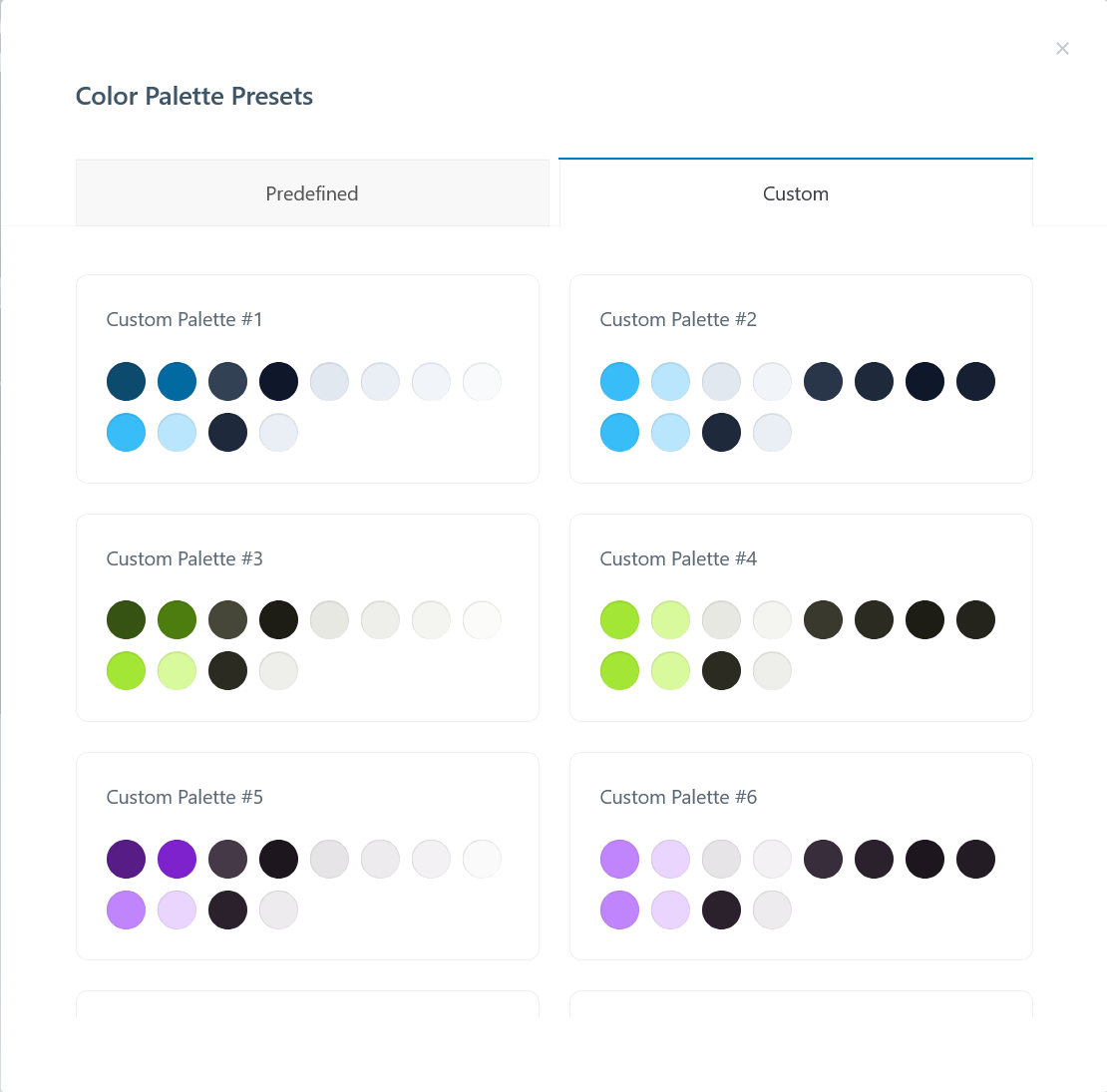 Screenshot from the customizer color presets showing 5 diffferent example palettes, each in both light and dark mode.