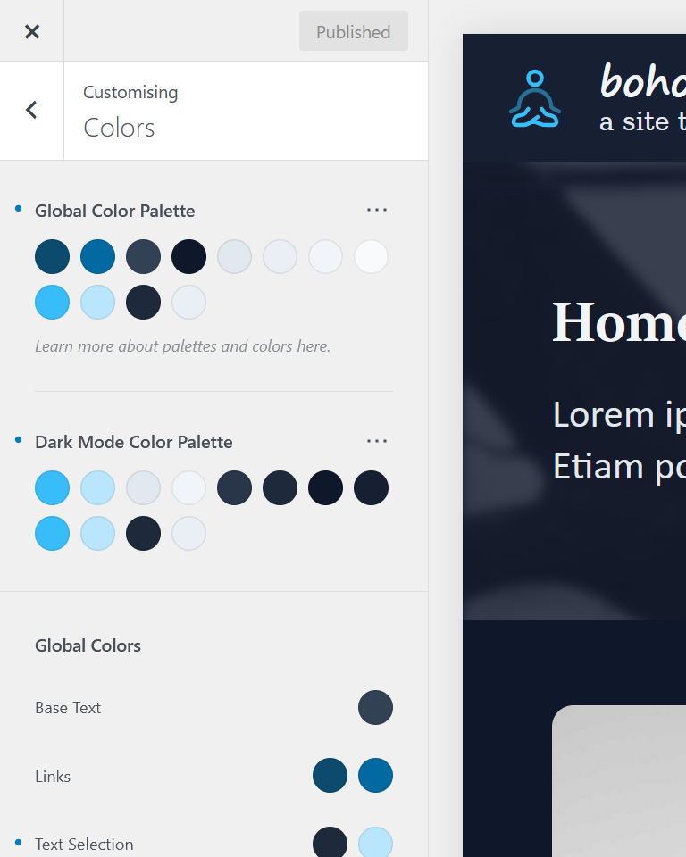 In Customiser General Color a global color palette is chosen for light and dark mode.