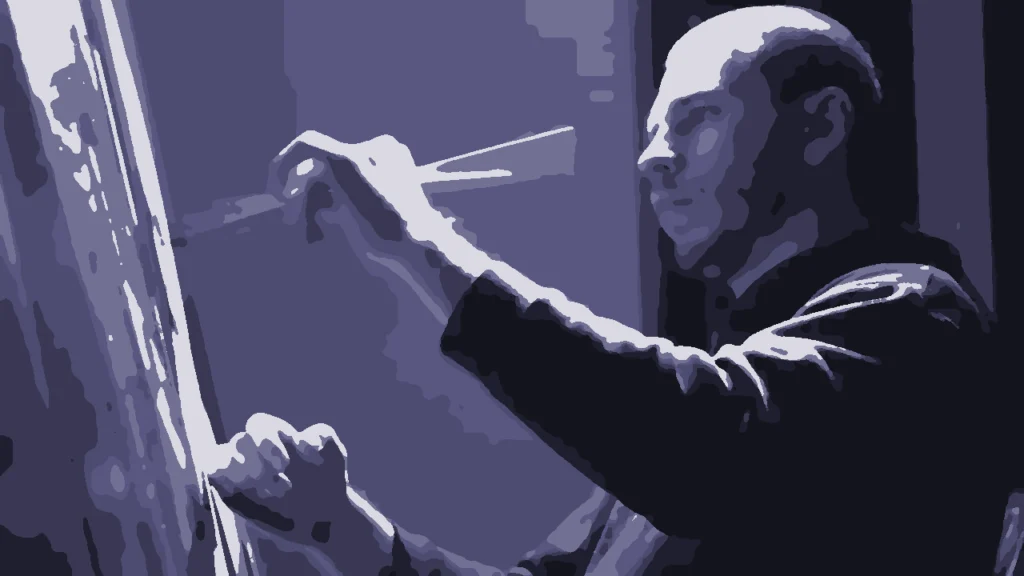 Indigo illustartion of an artist at a canvas holding a paintbrush