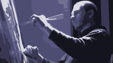 Indigo illustartion of an artist at a canvas holding a paintbrush